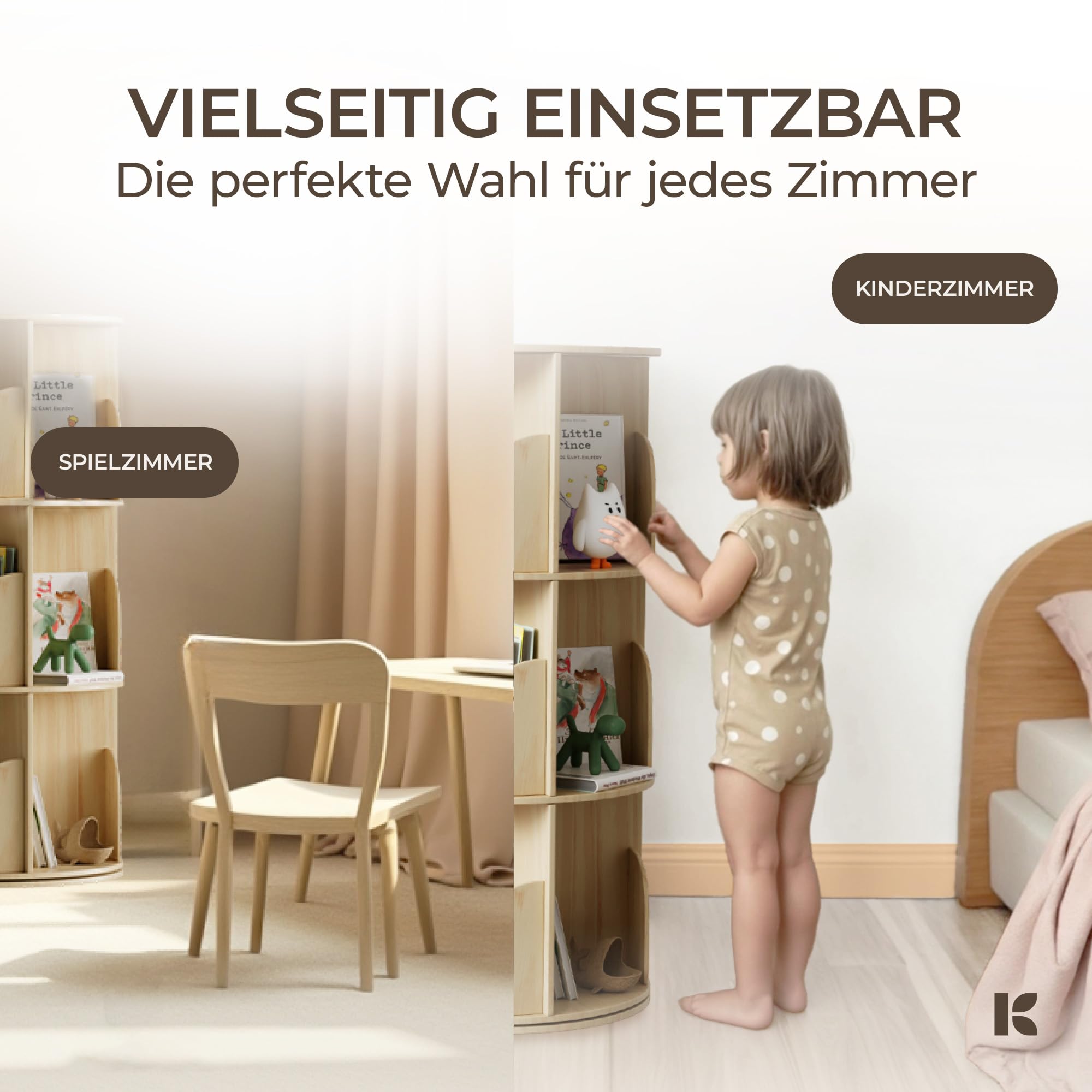 360° Drehbares Bücherregal Kinder - Kiefernholz Bücherregal Drehbar Kinder mit 4 verstellbaren Ebenen 130x46x46 cm - Drehregal, Standregal