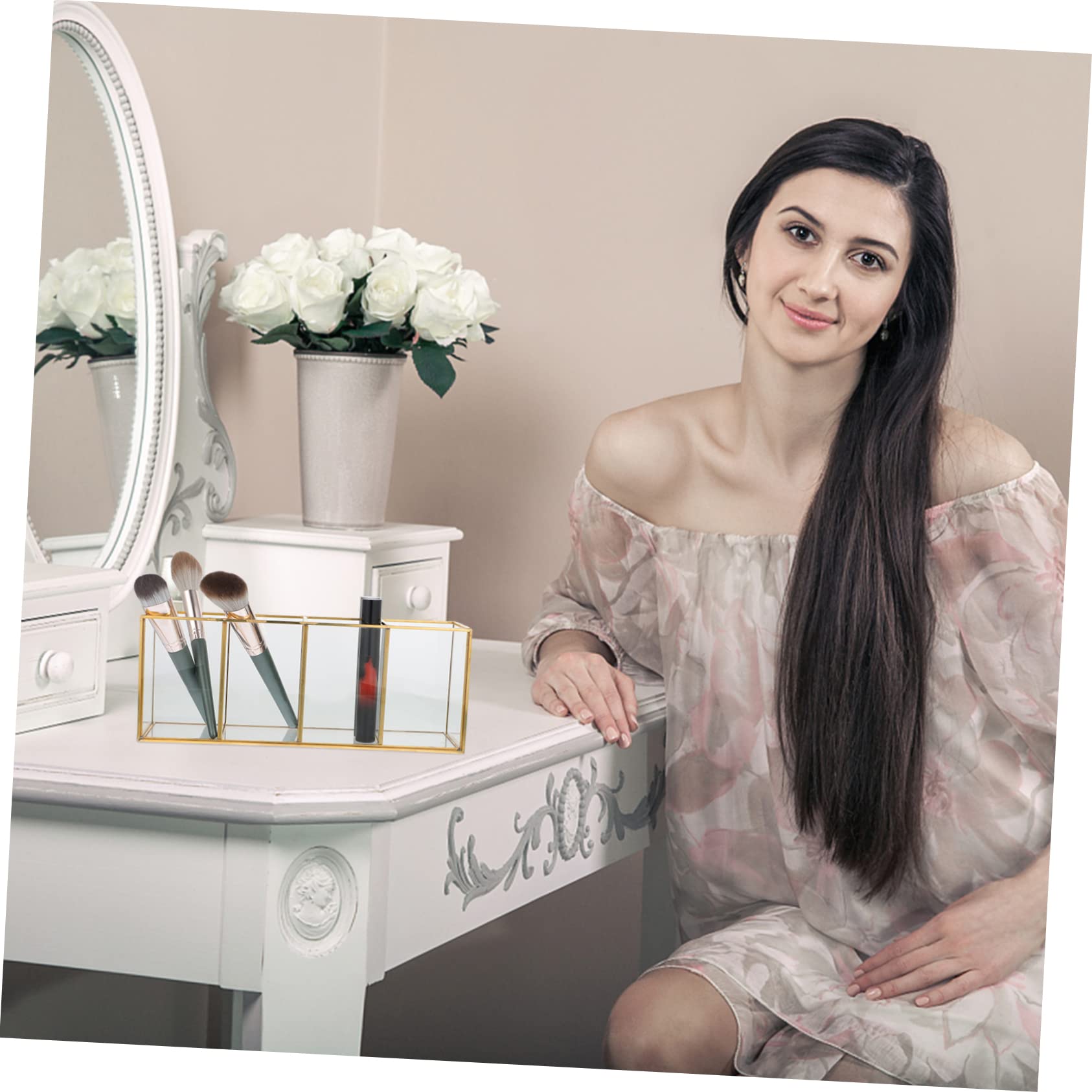 Boîte de Rangement et Laiton de Bureau en Verre pour Maquillage Or