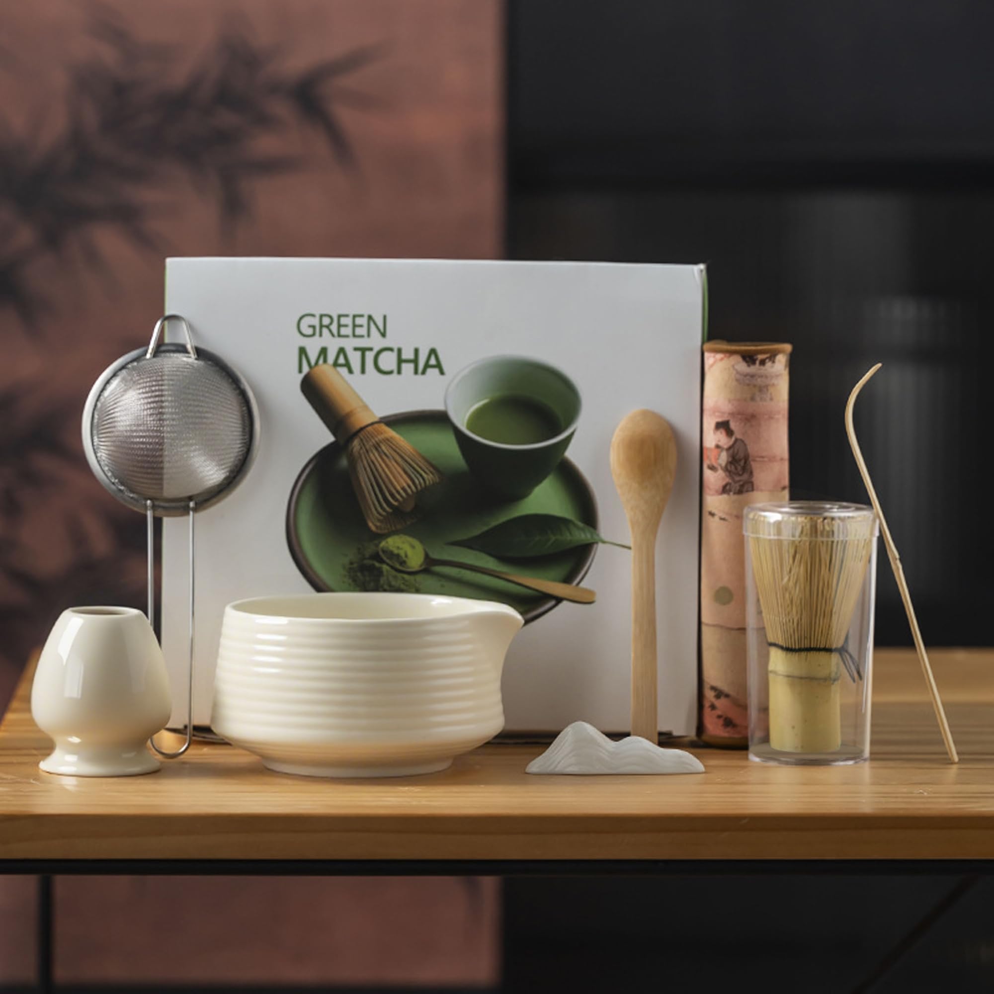 Kit Té Matcha Completo 8 Piezas con Cuenco de Cerámica con Pico 510 ml, Batidor de Bambú, Cuchara, Tamiz y Soporte, Set Japonés para Matcha Latte, Ceremonia del Té, Regalo Original