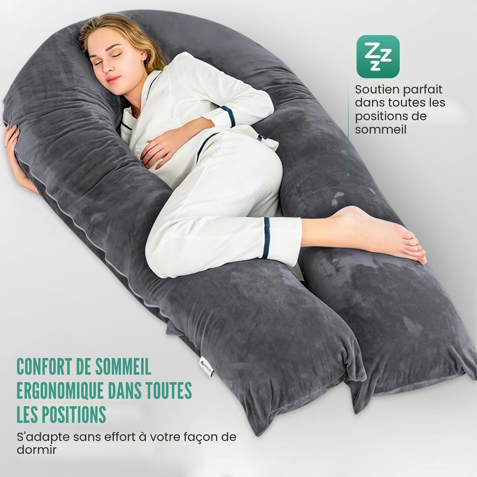 Avalo Coussin de Grossesse XXL 280 cm - Oreiller de positionnement latéral en Forme de U - Oreiller Corps Ergonomique - Coussin d'allaitement et de Corps pour Femmes Enceintes - Gris foncé