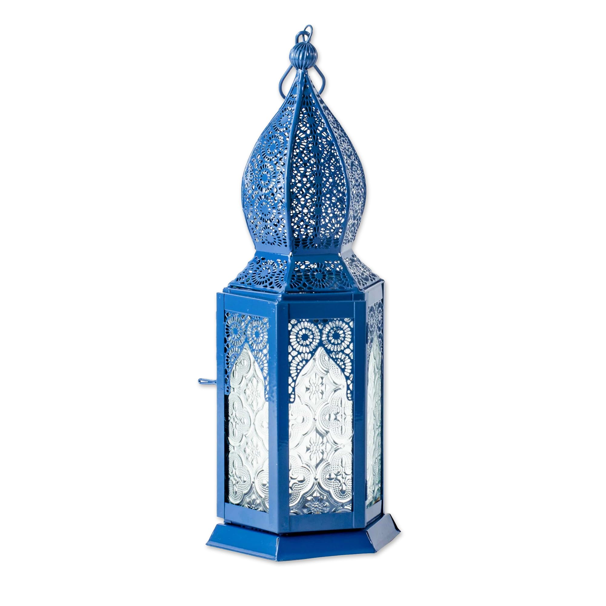 NOVICA Artisan Handmade Aluminum Glass Hanging Candle Holder Blue Lantern with Decorative from India Metal Lamps Lighting Floral 'Bazaar Blue' (Large)