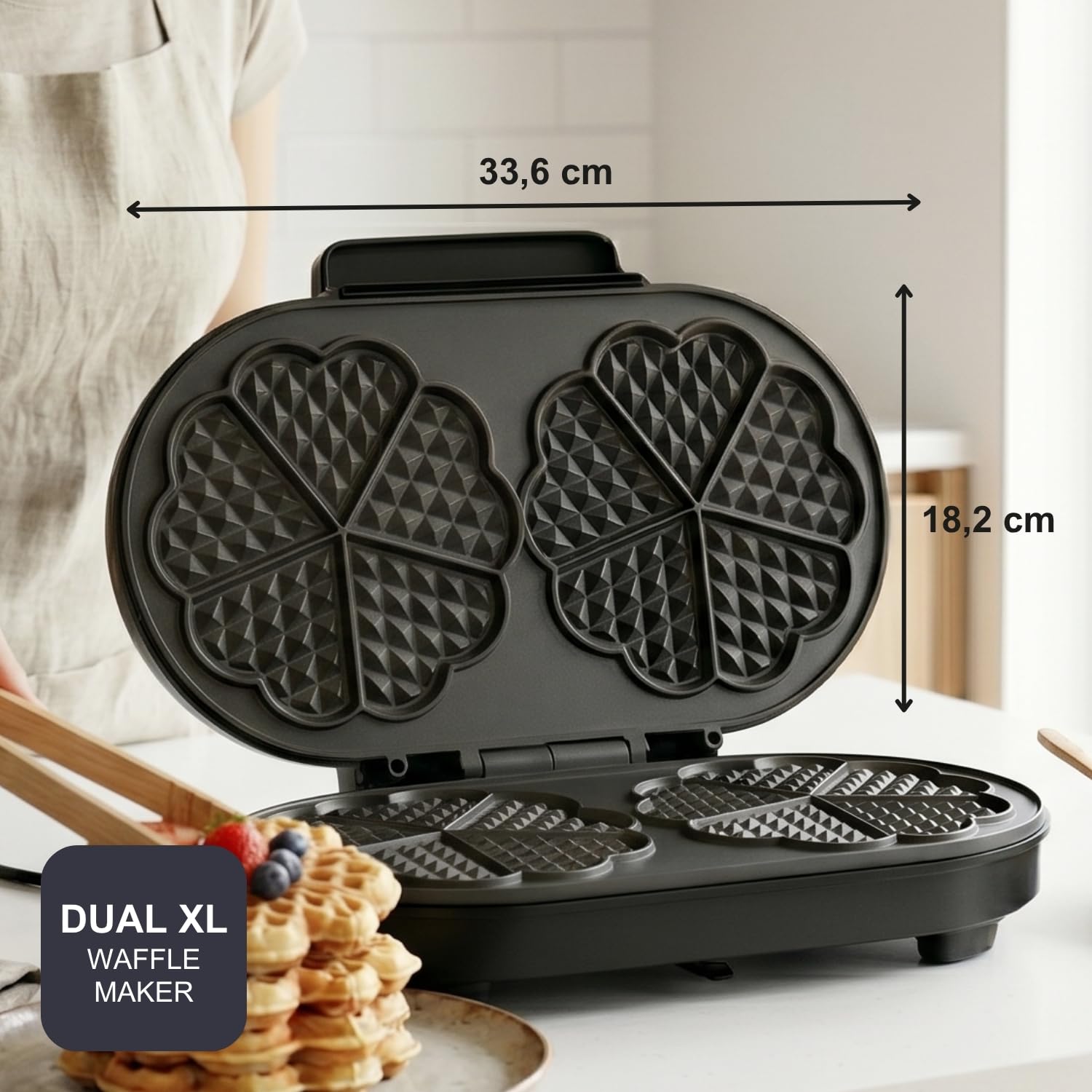 Black+Decker – Gofrera | Doble XL | 2 Gofres | Placas Antiadherentes | 33,6 x 18,2cm | 1400W | Temperatura Ajustable | Señal Luminosa | Asa Fría | Acabados en Inox