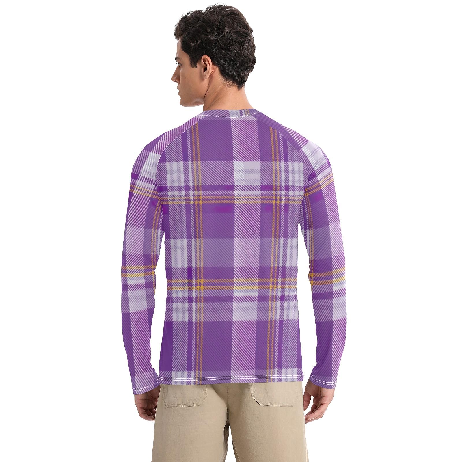 Purple White Yellow Plaids Men's Rash Guard Long Sleeve UPF 50+ Sun Protection Quick Dry Fishing T-Shirts Sun Shirt for Outdoor, Large