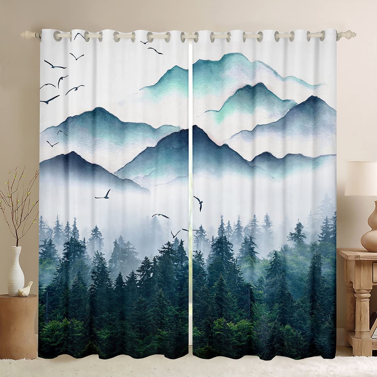 Smoky Mountain Curtains Trees Natural Scenery Window Curtains for Bedroom Living Room for Kids Boys Girls Foggy Scenic Window Drapes Microfiber Window Treatments W66*L90 — image 1