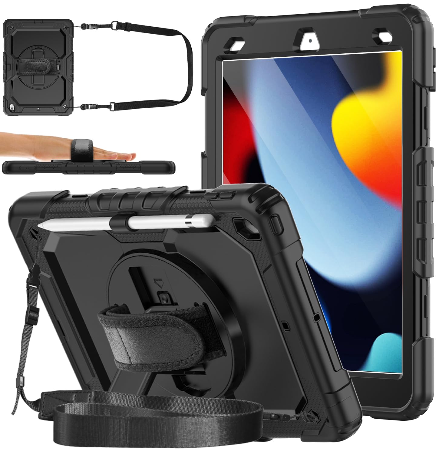 DAORANGE Custodia Cover per iPad 9a / 8a / 7a Generazione (iPad 10,2 Pollici 2021/2020/2019), Custodia Antiurto con Pellicola Protettiva, Supporto Girevole a 360°, Cinturino a Mano e Tracolla (Nero)
