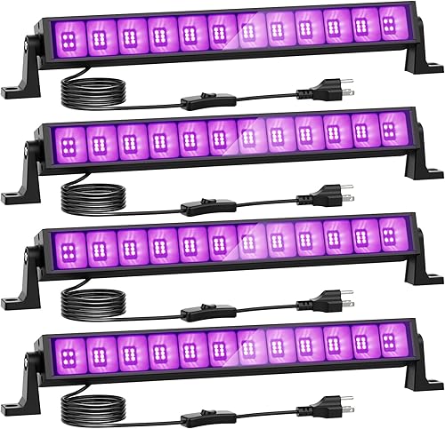 Onforu Paquete de 4 luces LED negras de 42 W, barras de luz negra con enchufe e interruptor, suministros de fiesta que brillan en la oscuridad para