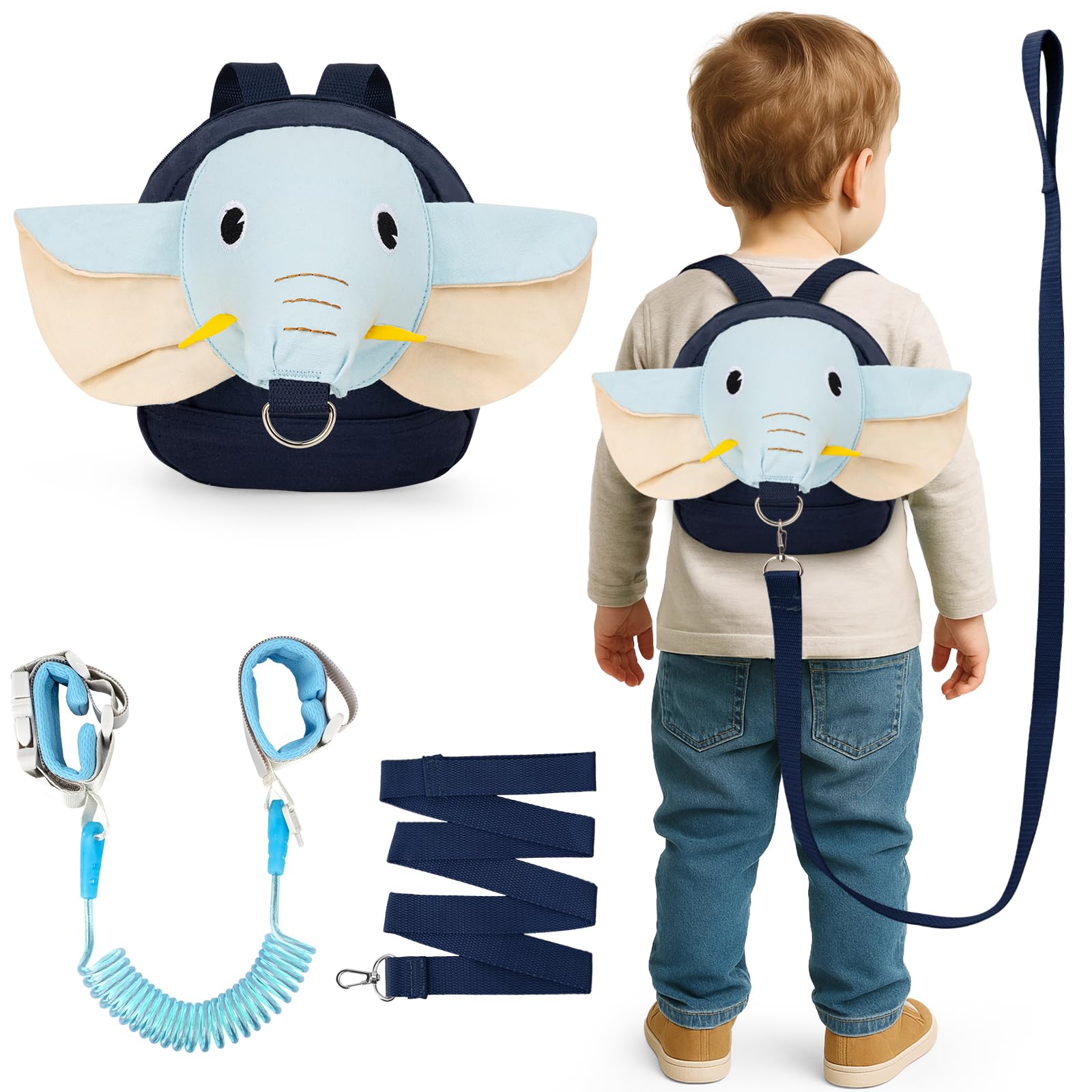 3 in 1 Regolabile Guinzaglio Zaino per Bambini con Guinzaglio Anti-smarrimento da Polso, Sicuro per 1-3 Anni, Blu