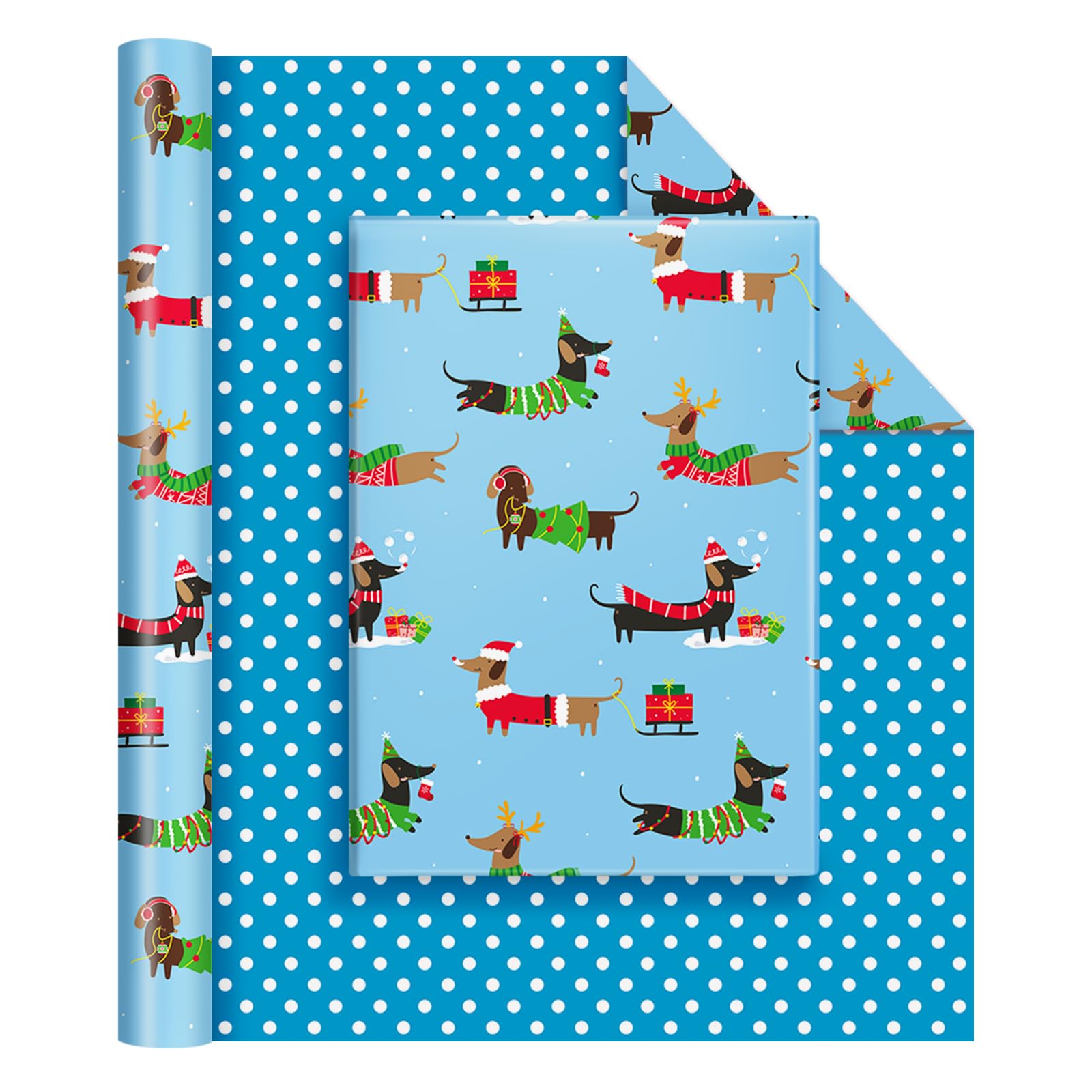 WERNNSAI Christmas Wrapping Paper Roll - 1 Roll 43cm x 10m Blue Christmas Dachshund Wrapping Paper Kids Boys Reversible Dog Gift Wrap for Birthday Holiday Party Decoration with Polka Dot Design โ image 1