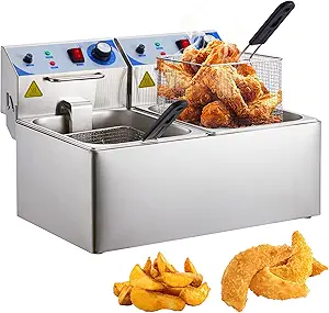 Electric Deep Fryer, 10 L x 2 Deep Fryer with Basket, Adjustable Temperature Control,Perfect for Fried Buffalo Wings, Shrimp, Nuggets, Chips & More,Stainless Steel,Sliver