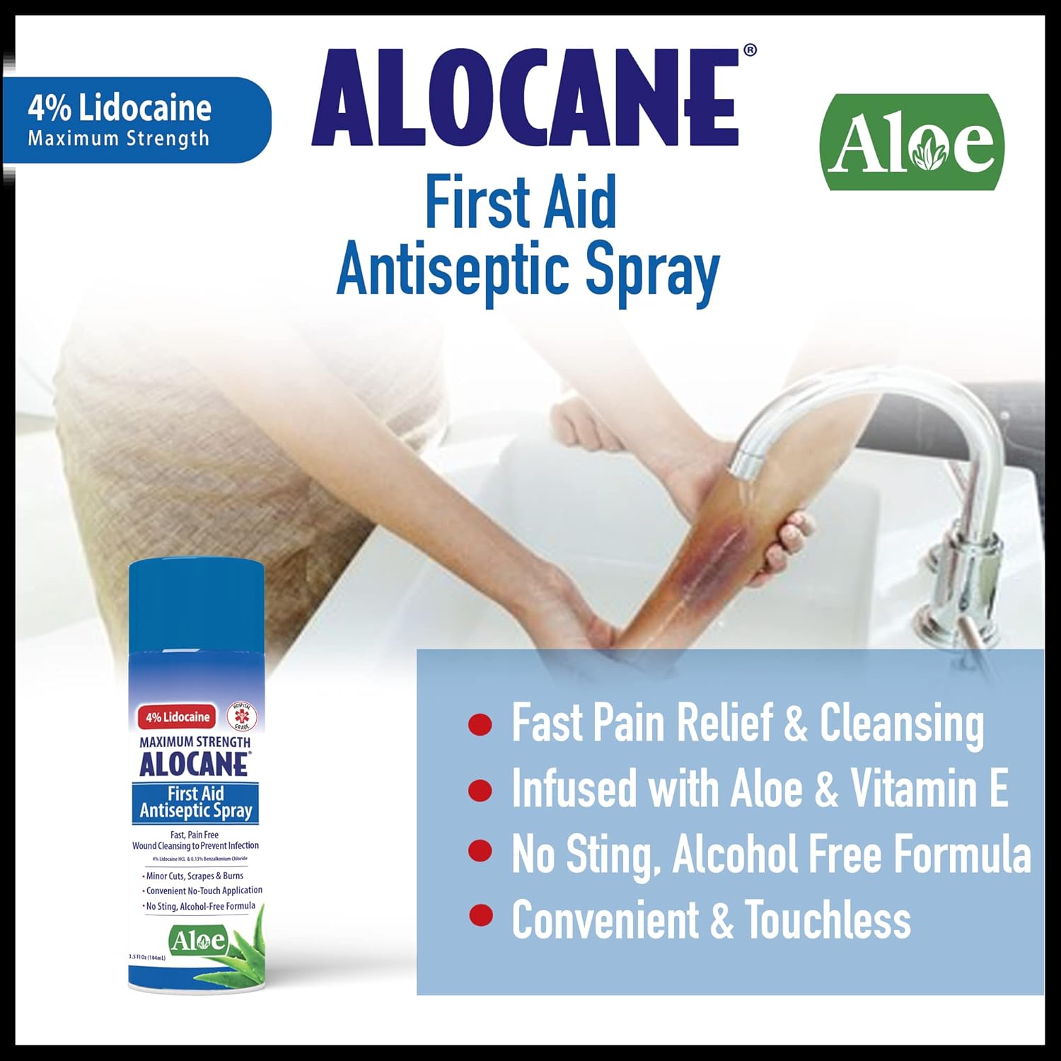 Alocane® Spray Antisséptico de Primeiros Socorros para Limpeza Rápida e Sem Dor de Feridas com 4% de Lidocaína HCL e 0,13% de Cloreto de Benzalônio, 103 g - Imagem 2