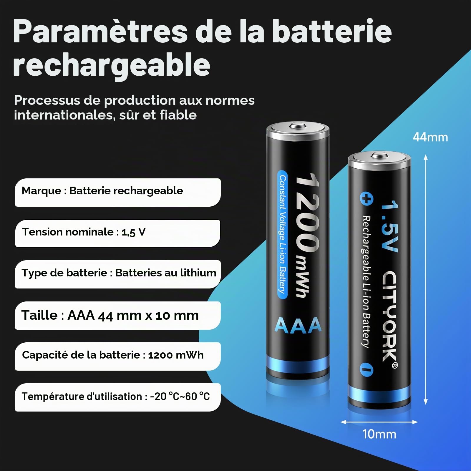 CITYORK Lot de 12 piles AAA rechargeables 1,5 V 1200 mWh au lithium AAA 1200 cycles CTY-AAA1200 x 12-1.5V