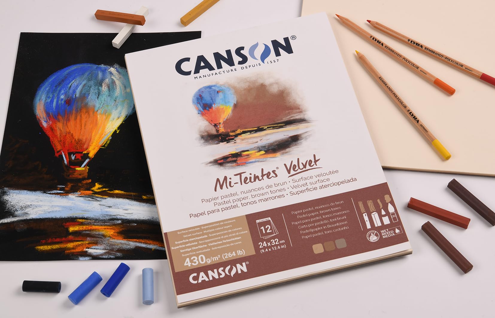 CANSON Mi-Teintes Velvet, blocco carta collato lato corto,24x32 cm, 430 gm, 12 fogli, toni bruni
