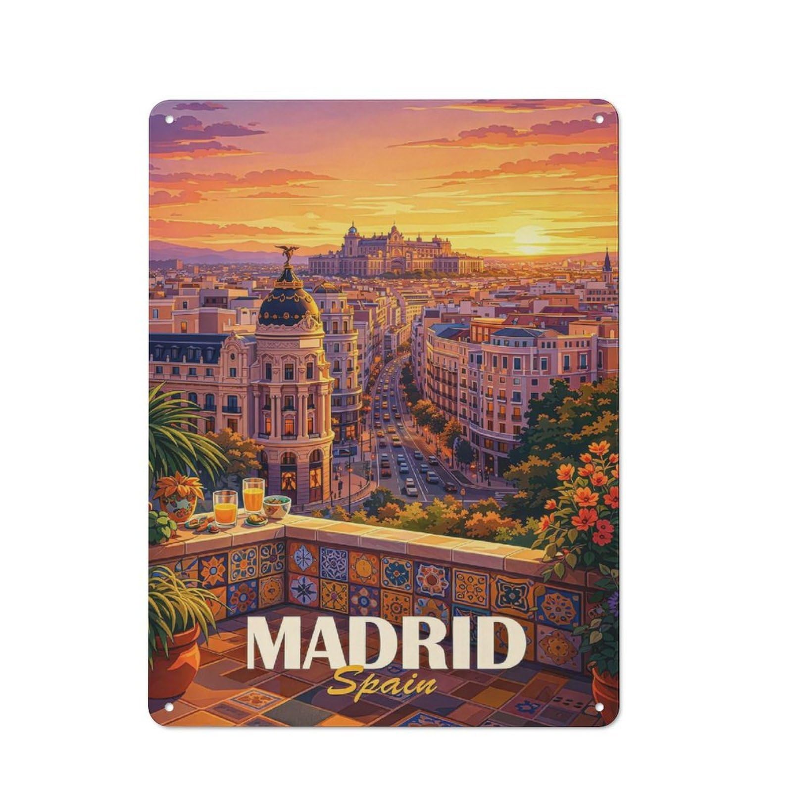 Junmoney Style-19 For Home Office Or Studio, Madrid Cityscape At Sunset Vintage Tin Sign 40X30cm, Tin Sign Wall Decor For Home Offices And Studios