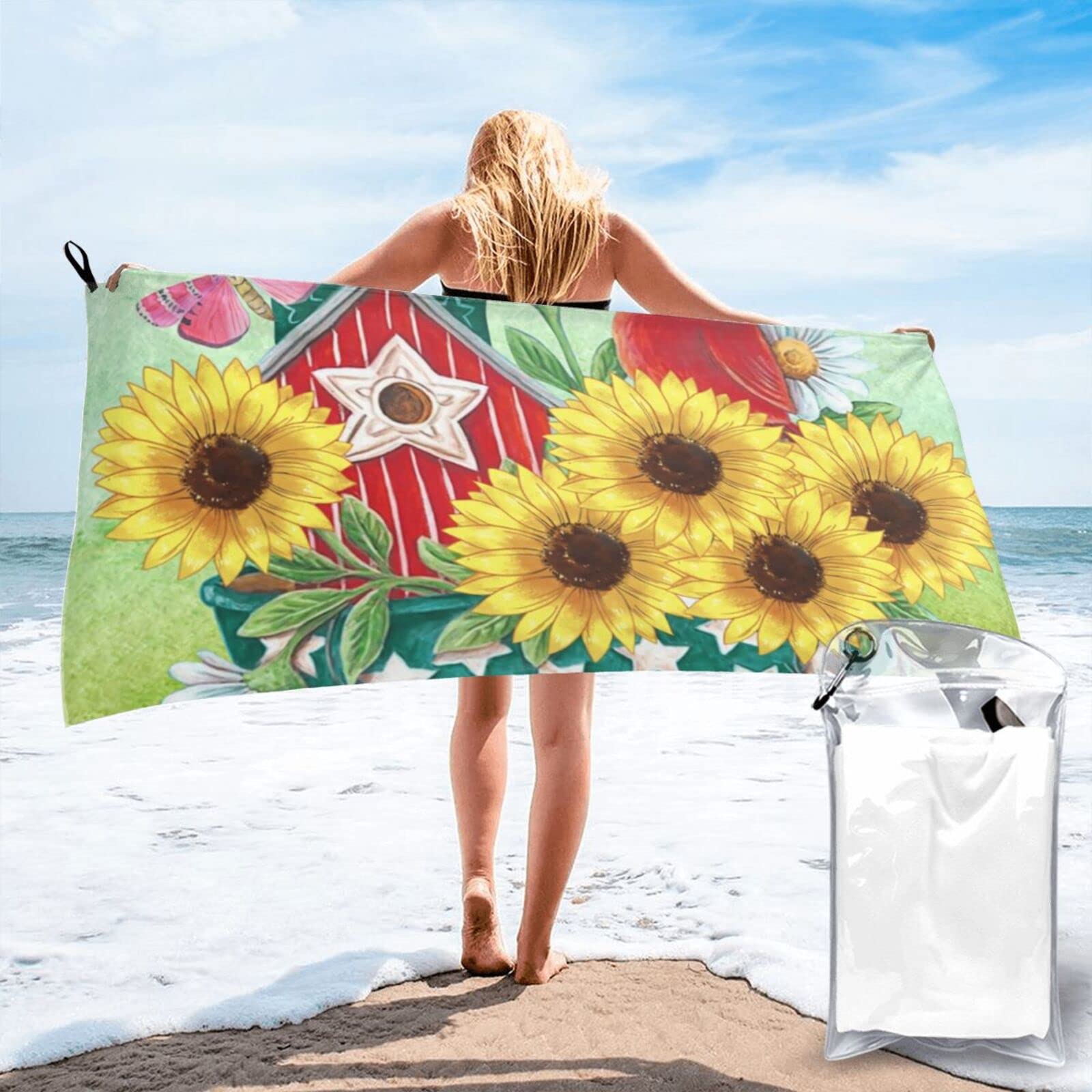 Lawenp Welcome Spring Birds Flowers Microfiber Beach Towel Adults Large Quick Drying Bath Towel Travel Towels with Pouch 31.5"x63"