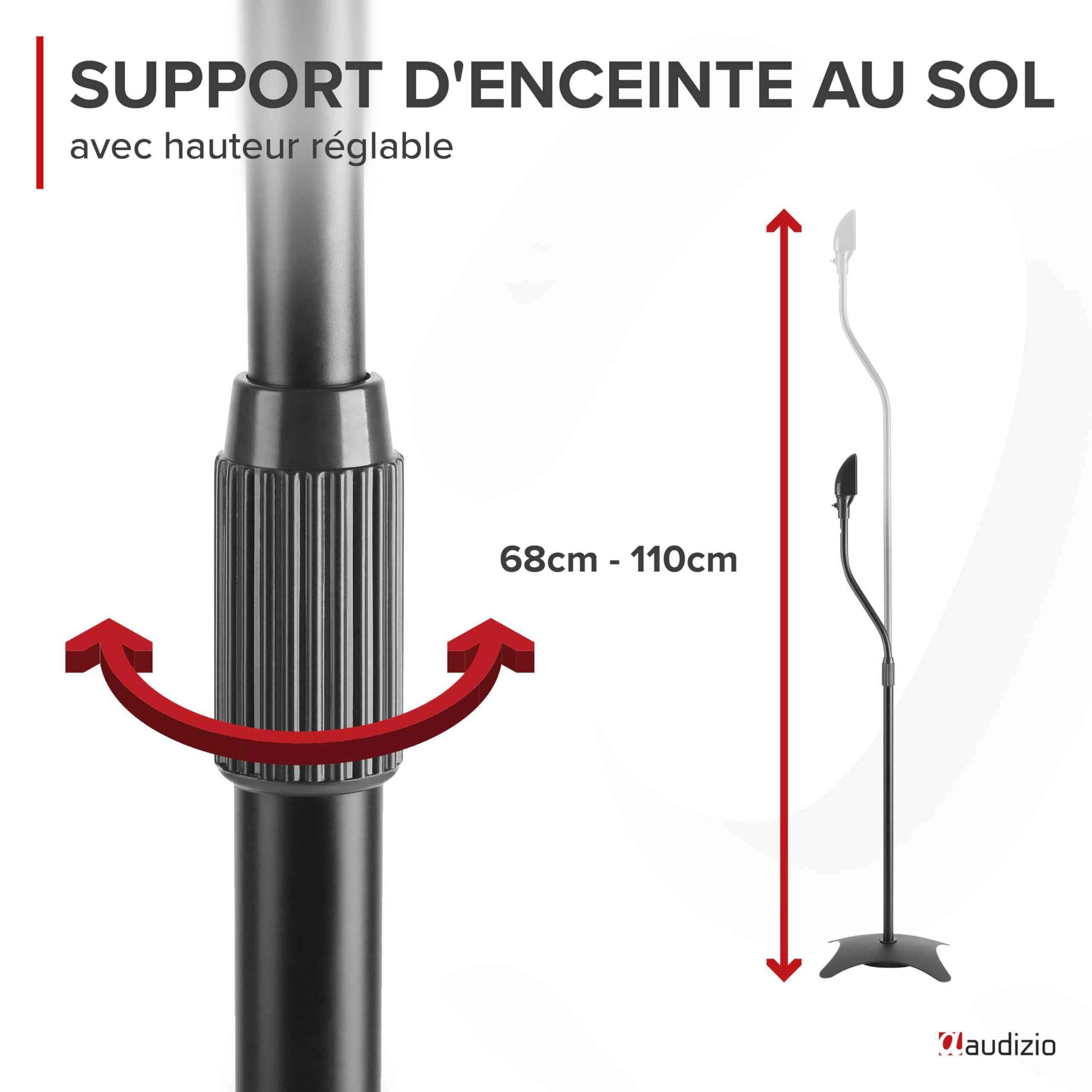 Audizio HTS10 Pied d'Enceinte Réglable en Hauteur Lot de 2 - Noir, Système de Gestion des Câbles, Base Lourde et Stable, Idéale pour Profiter de la Qualité de Son chez Vous ou au Travail