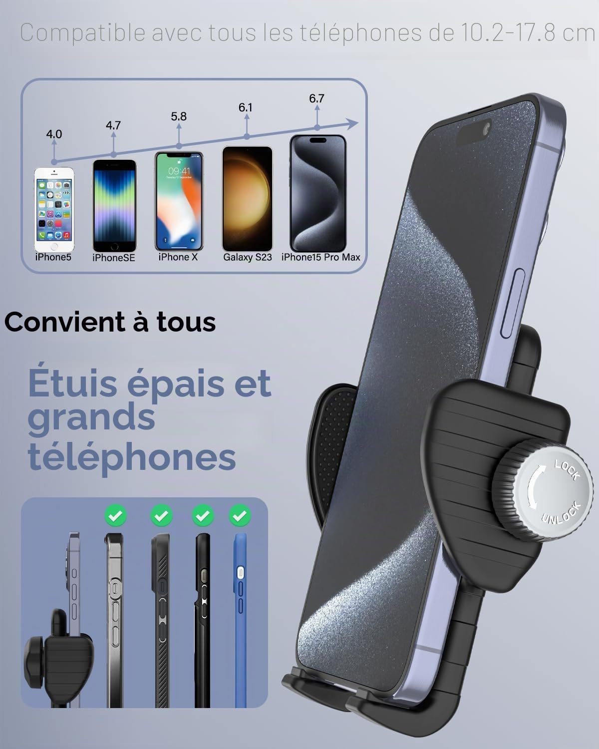 Support Tablette Moto avec Col de Cygne Réglable, Support Téléphone Vélo Rotation à 360°, Support Téléphone Guidon Scooter pour iPhone 15 14 13 Pro Max, Galaxy S, 4-7" Téléphone