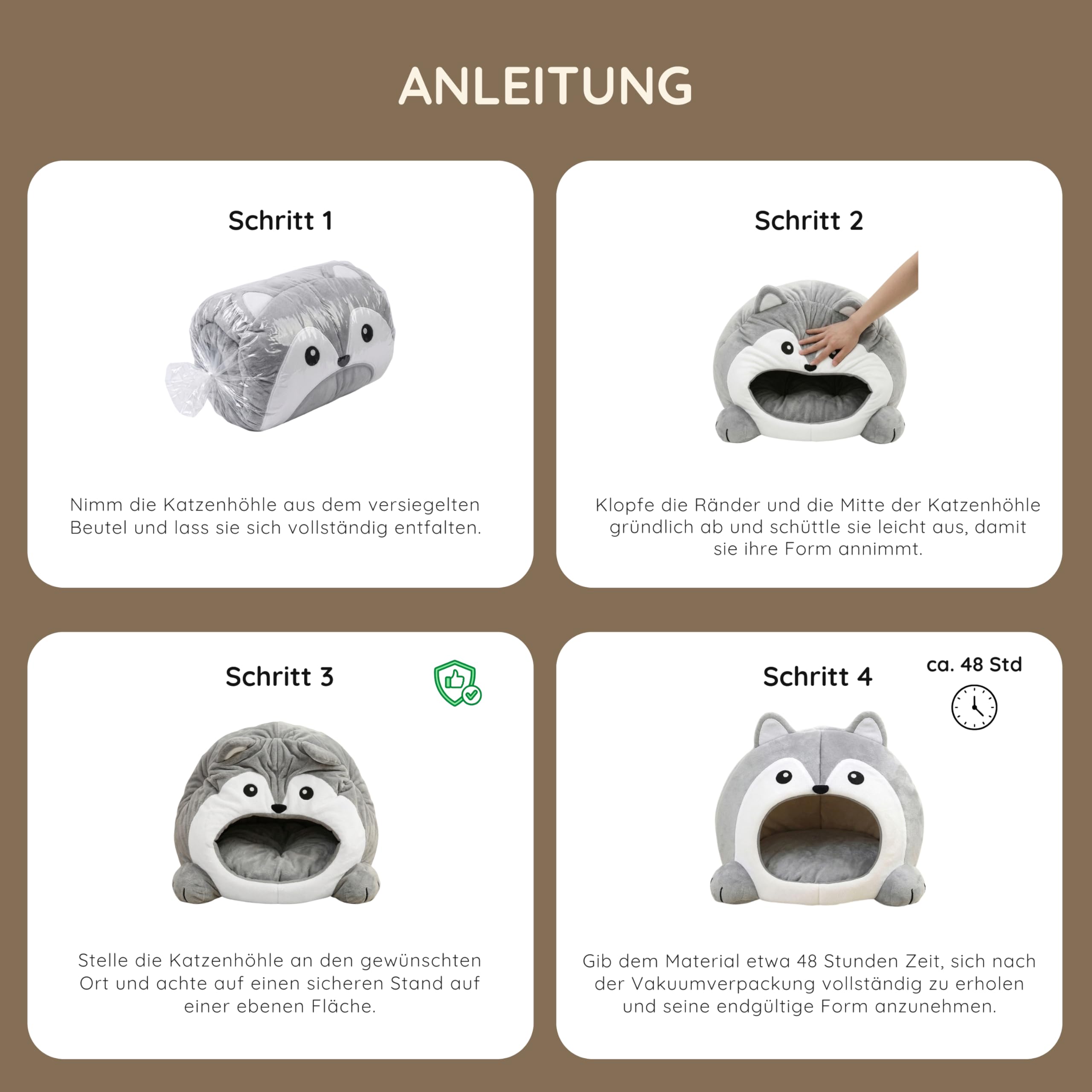 Designer Katzenhöhle grau – Lustige Schlafhöhle & Katzenhaus mit Kissen, Katzenbett, Faltbarer Rückzugsort für Katzen, Kitten und Kater, kuschelig & formstabil