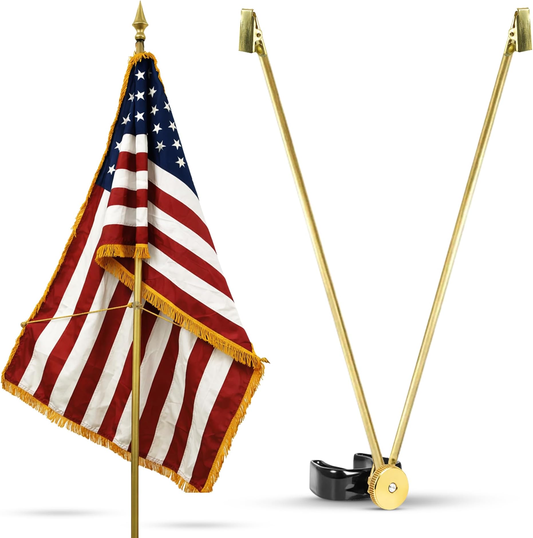 Super Tough Gold Flag Spreader for Indoor Flag | Adjustable Arms for Display | Heavy-Duty Steel | Fits 1 1/8" to 1 3/8" Poles | 18" Arms for 3ft Spread | Secure Clamp for Easy Installation