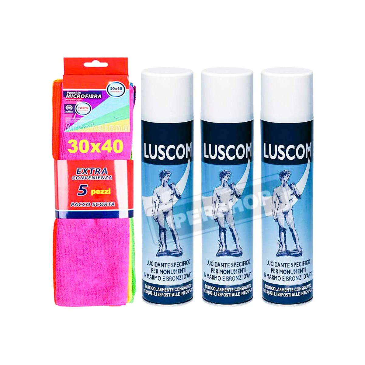NUNCAS SET 3 LUSCOM LUCIDANTE SPECIFICO + pacco scorta 5 pezzi panni microfibra 30x40cm##*-