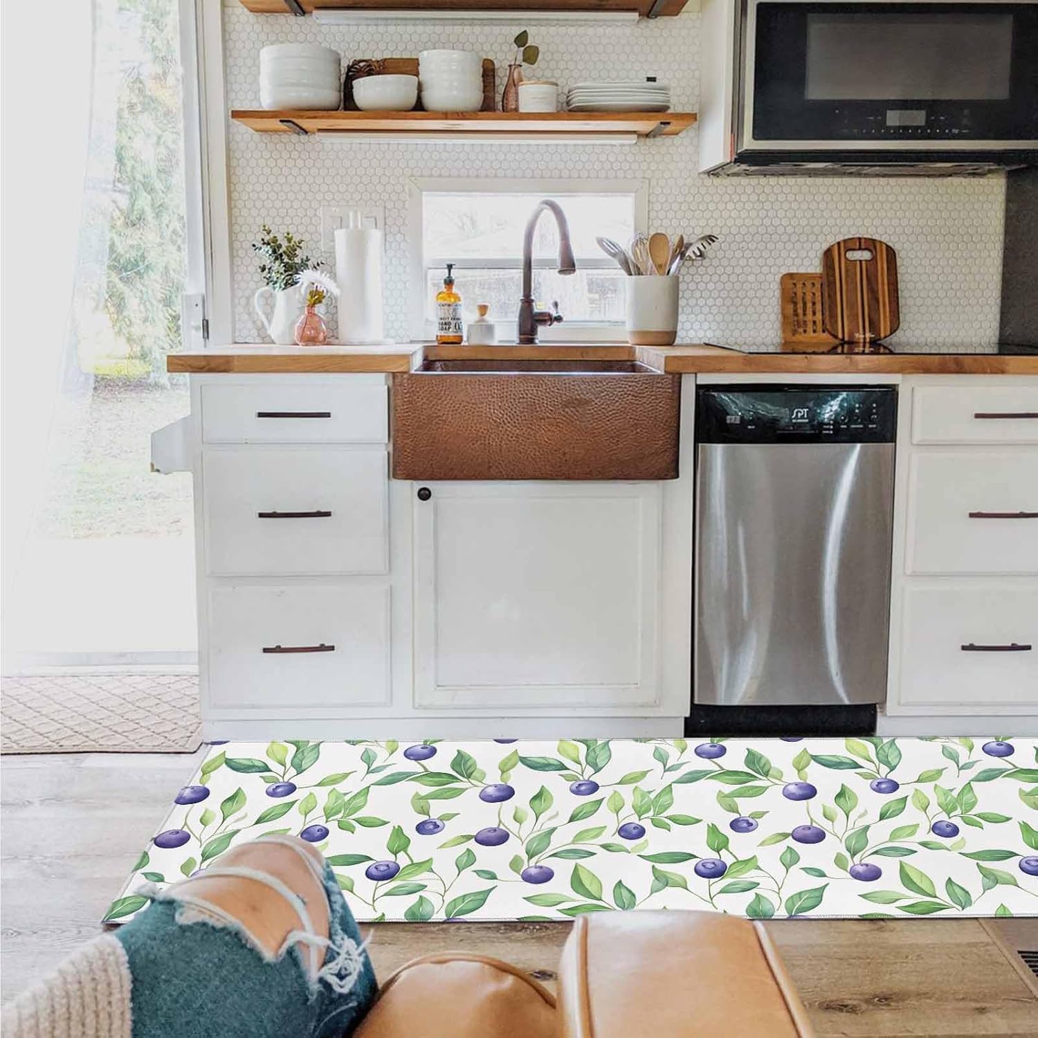 2 Pieces Kitchen Rugs and Mats,Summer Watercolor Blueberry Leaf Area Runner Rug Set Non Slip Floor Doormat Washable Carpet Standing Mat for Kitchen Sink Indoor Corridor,Green Leaves Farm Fruit