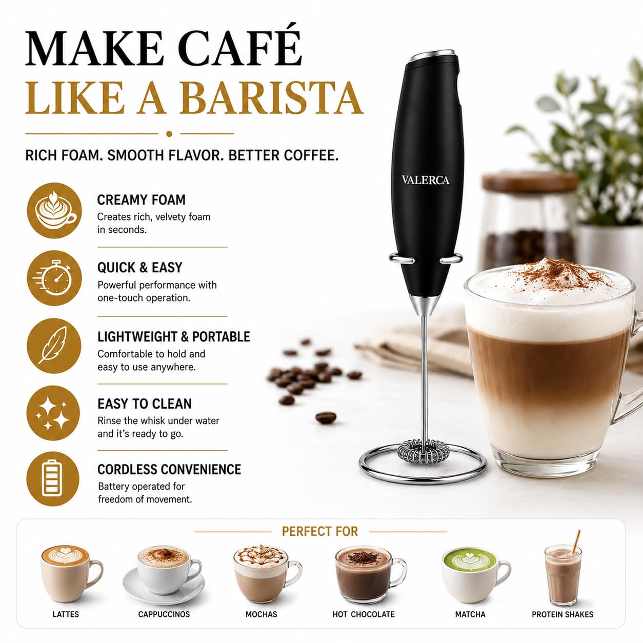 espumador de leche electrico valerca, batidora de mano de leche ultrarrapida, batidora electrica para café, café con leche, capuchino, frappé, matcha y crema para café,