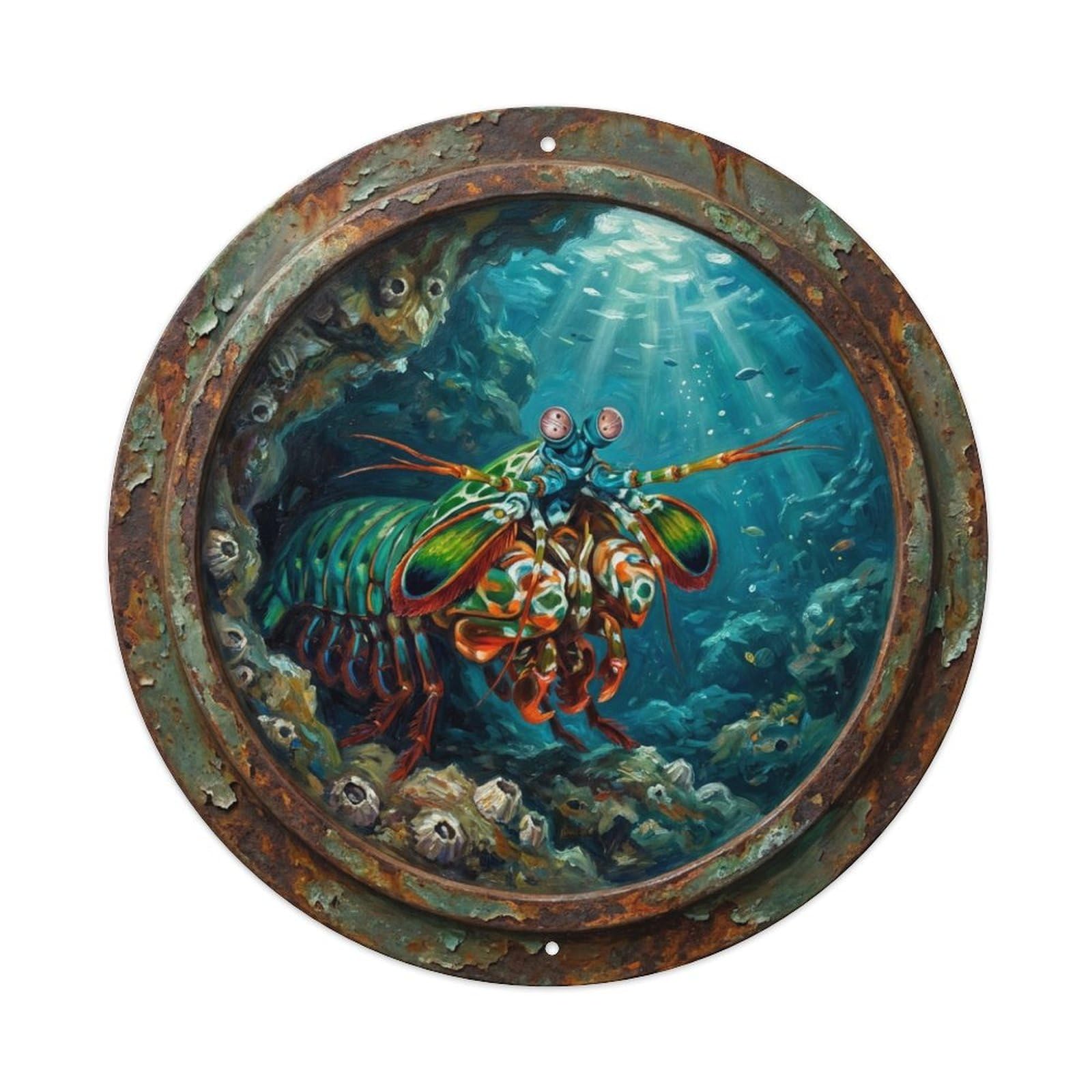 Metal Tin Sign Vintage Porthole Mantis Shrimp Ship Window Undersea Deep Sea