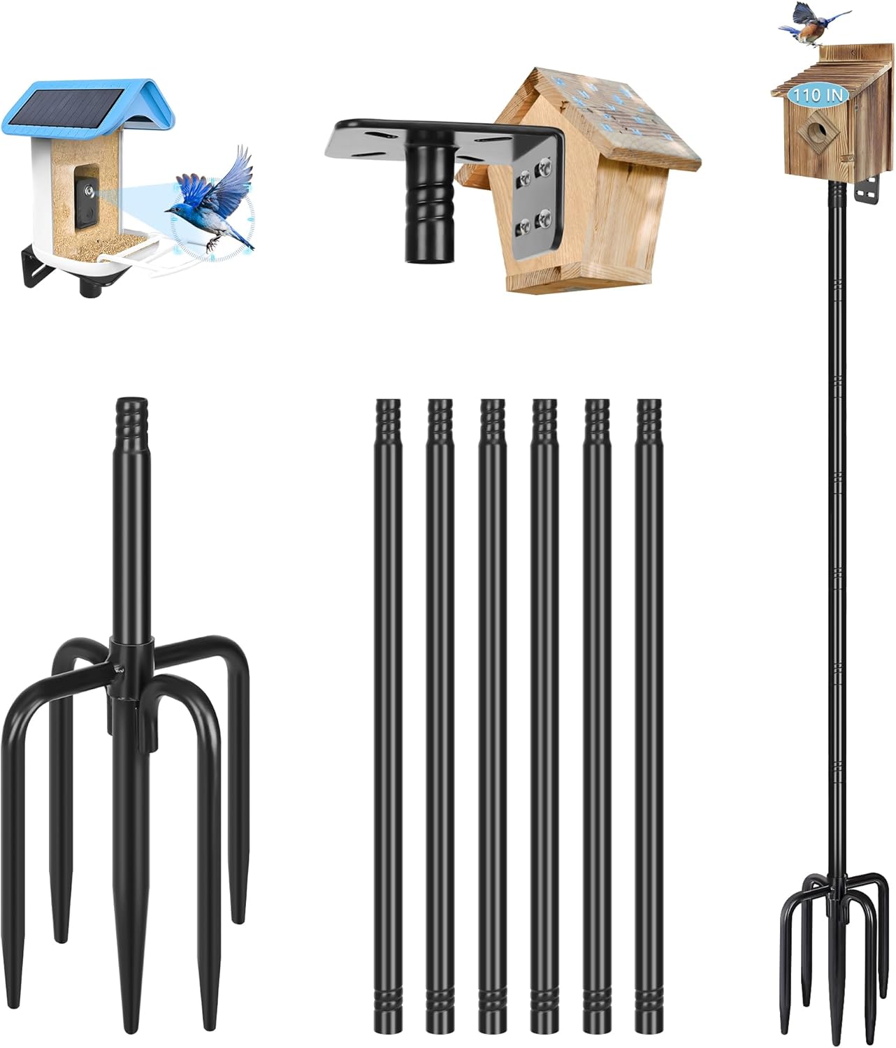 Gtongoko Squirrel Proof Smart Bird Feeder Pole for Outdoors 107 Inch 1 Inch Diameter Bluebird House Pole with 2 Platform and 8 Hooks for Bird Feeder with Camera Adjustable Heavy Duty Mounting Pole