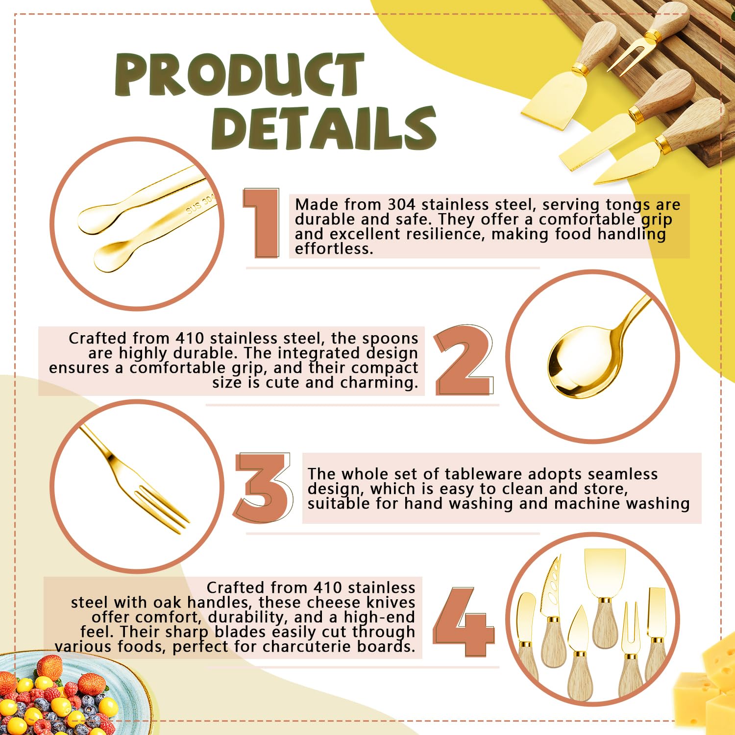 Accesorios para tablas de charcutería, utensilios de charcutería dorados, juego de cuchillos esparcidores de mantequilla de queso con asas de madera, pinzas pequeñas para servir, mini tenedores y