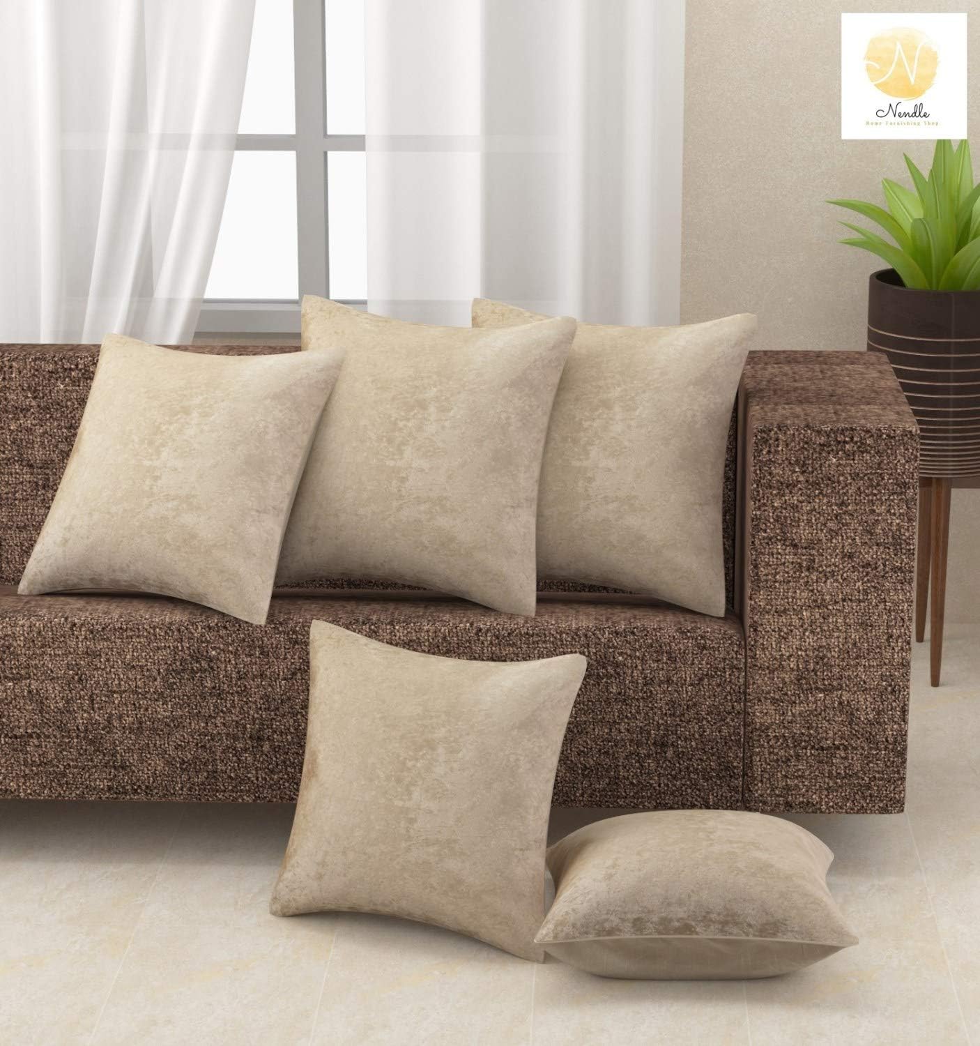 Nendle Velvet Plain Decorative Soft Texture Cushion Cover - Pack Of 5, 16X16 Inch | Soft Smooth Solid Fabric | Square Pillow Covers For Bed, Sofa, Office Chair & Seat, Home Décor (Beige), 500 TC