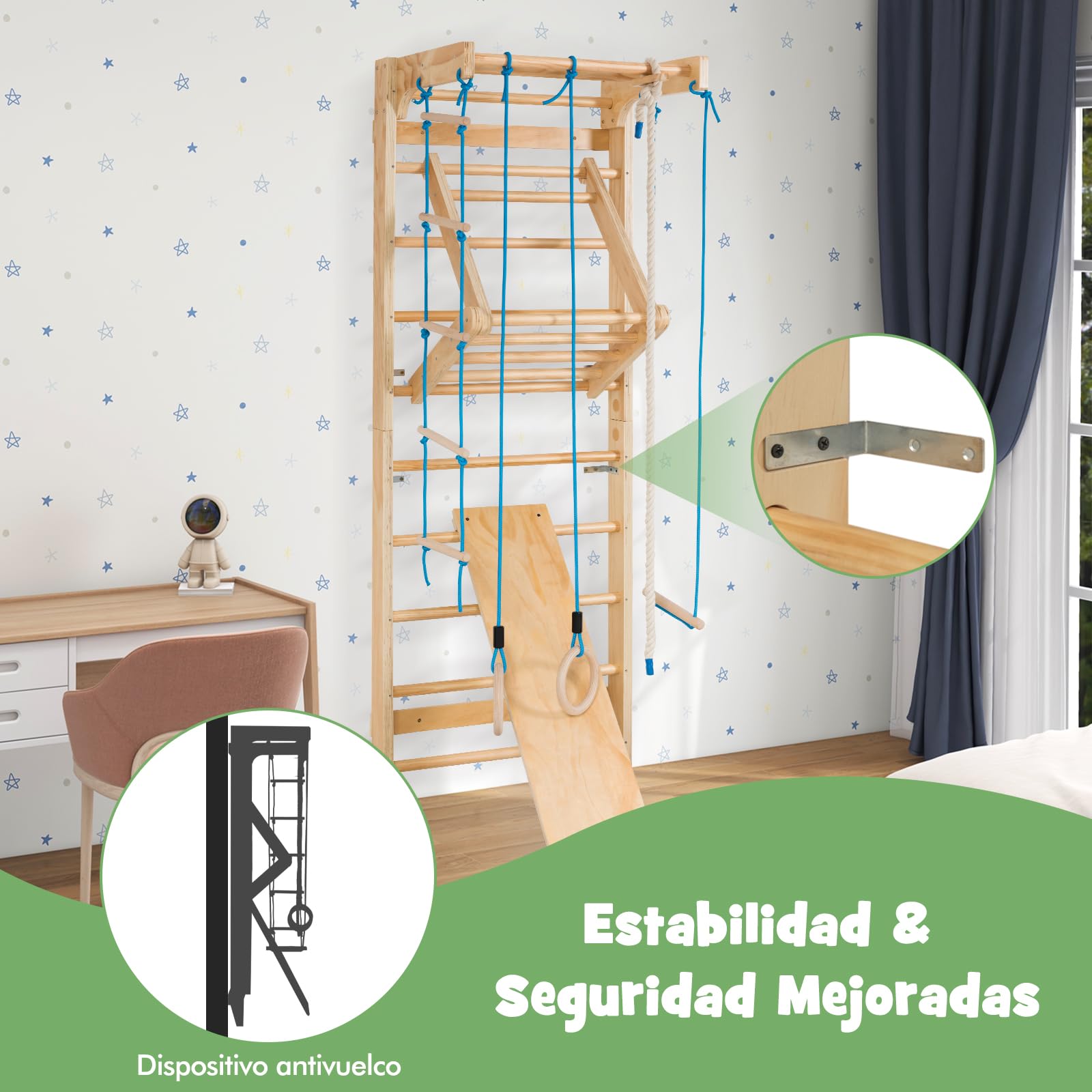 COSTWAY Espaldera Gimnasio Casa, Escalera Sueca Madera, Barra de Dominadas, Equipo de Entrenamiento para Adultos y Niños, Fitness Casa Deportiva Carga 100kg, 80x60x220cm, Natural