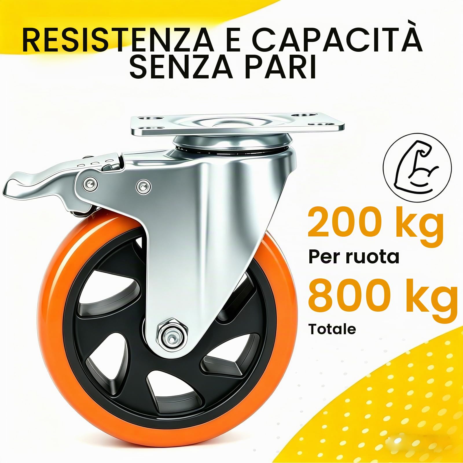 Ruote Per Carrello Pesanti con Freno 125MM, Set di 4 PU Rotelle per Mobili Ruote Girevoli a 360 Gradi, Doppio Cuscinetto Rotelle Pivotanti Capacità 800kg per Tavolo, Armadio(con Viti)