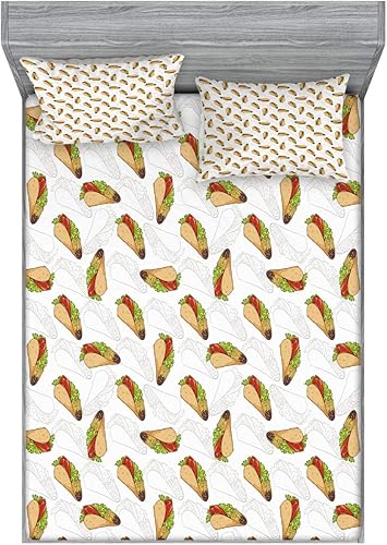 Miniatura 42 de Ambesonne Juego de sábanas bajeras y fundas de almohada, deliciosos tacos con verduras, cocina folclórica, ingredientes de recetas de comida Beige