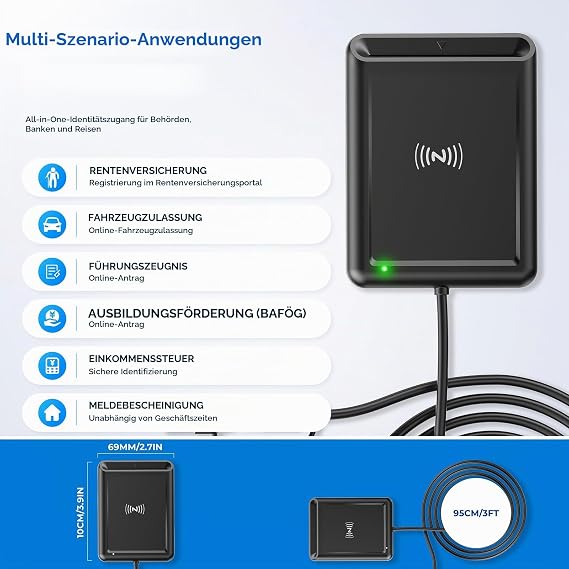 Quanlex 2in1 USB-A & USB-C Chipkartenleser mit NFC Kartenlesegerät für den neuen Personalausweis Smart Card Reader kompatibel mit Windows Linux Android & Mac 95cm Kabel