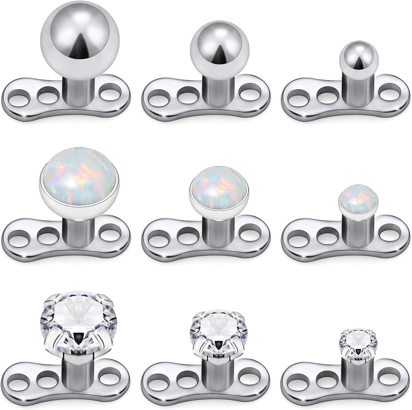 Kridzisw 14G Titanium Dermal Piercing Jewelry Cubic Zirconia Turquoise Opal Dermal Top G23 Titanium Hypoallergenic Dermal Jewelry Body Piercings Ball Size 2mm 3mm 4mm 9Pcs