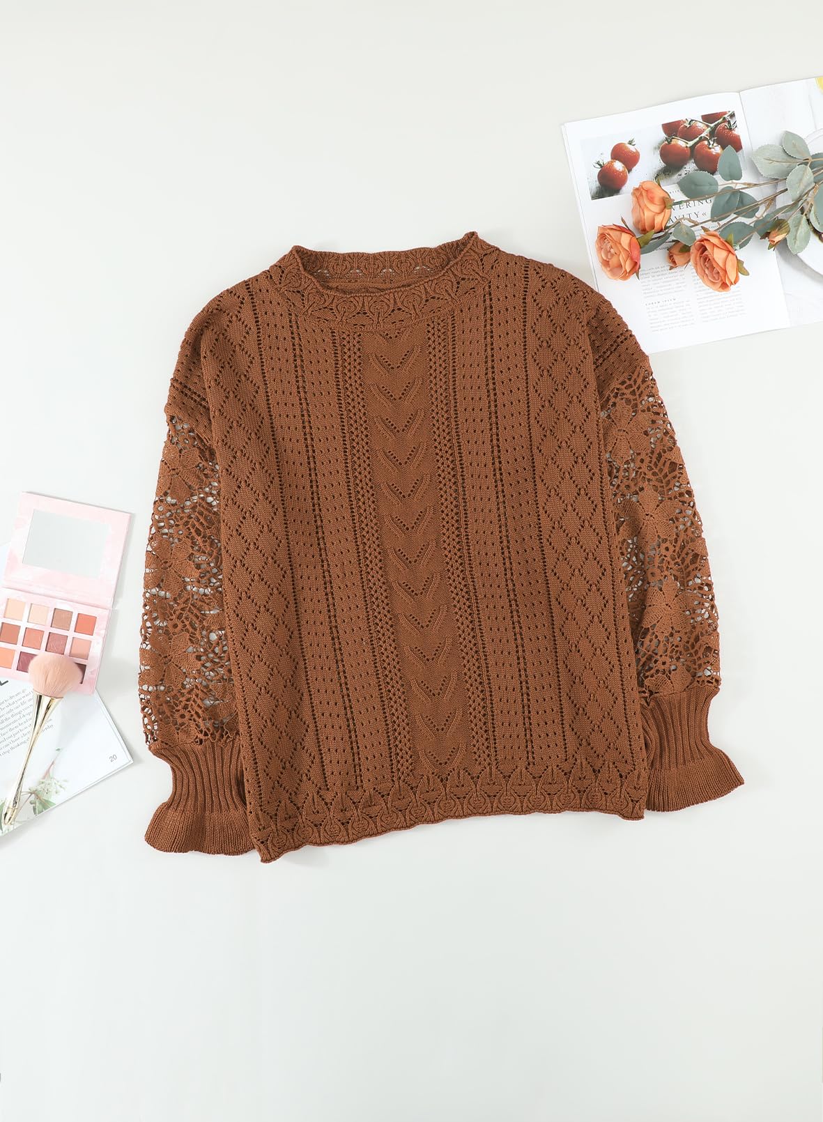 Strickpullover Damen mit Fledermausärmel aus Spitze, Rundhals Einfarbig Häkelpullover