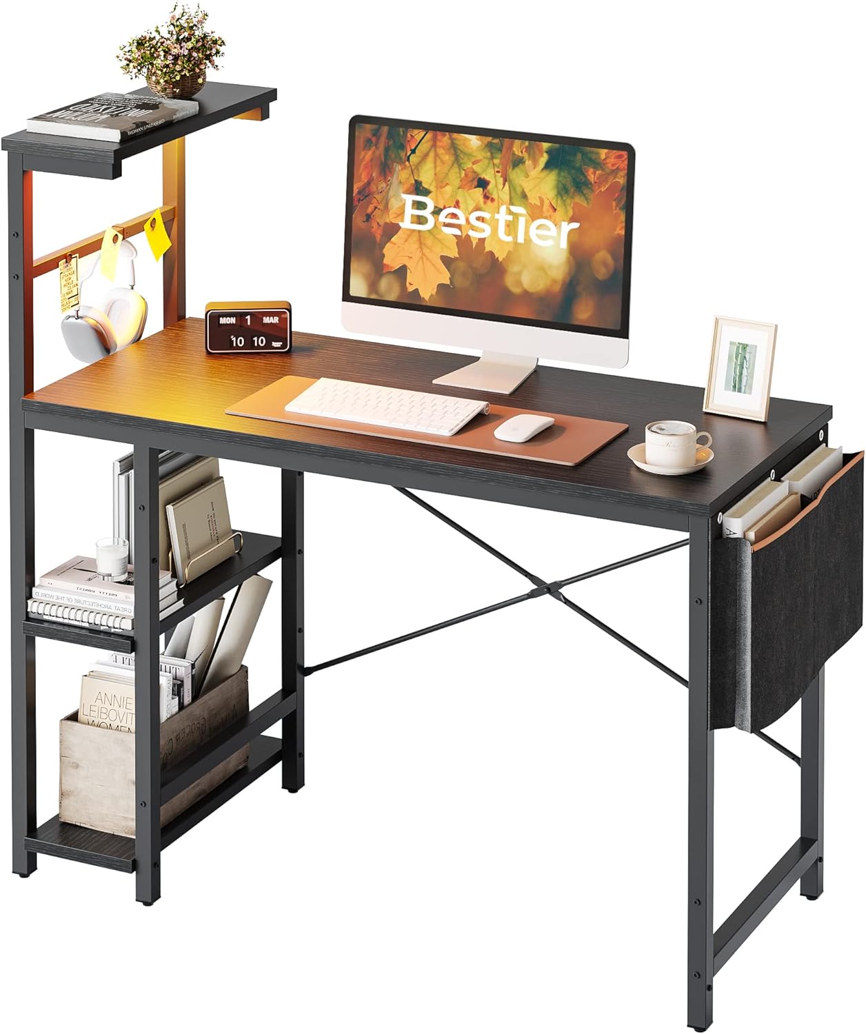 Bestier Gaming Desk with LED Lights, 44 Inch PC Gamer Desk for Small Spaces, Computer Desk with Reversible Storage Shelves & Side Storage Bag (Black Grained) - Image 9