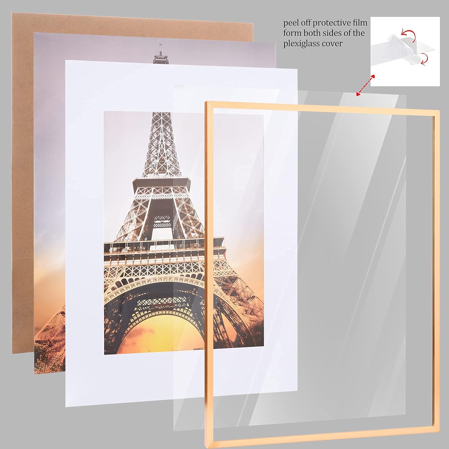 16x20 Picture Frame, Displays 11x14 Photo with Mat or 16x20 Poster without Matted, Royal-Gold Aluminum Frames Metal Wall Collection Plexi-Glass -