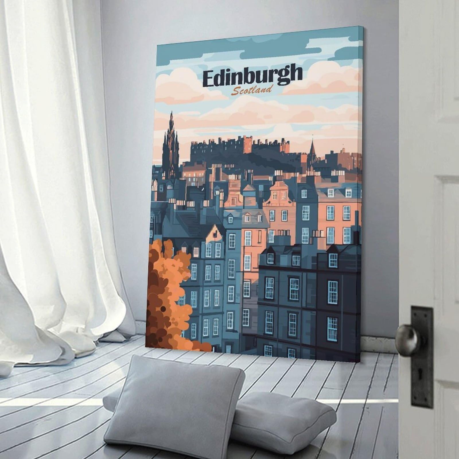 Junmoney Edinburgh, Scotland Cityscape Illustration Home Decor Wall Art, 24x36inch(60x90cm), for Bedroom, Lounge Or Dressing Area, Canvas Wall Decor for Personal Spaces