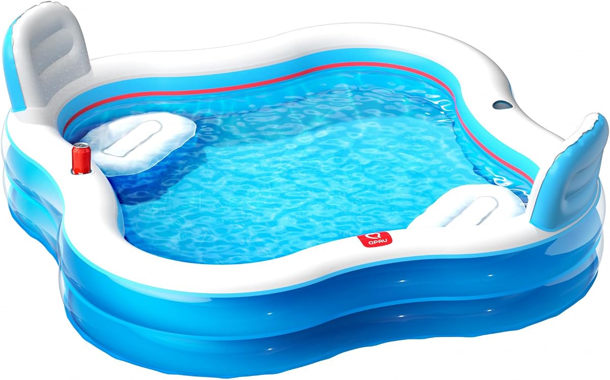 Inflatable Pool with 2 Seats and Backrests, 80 x 80 x 16.5 in | Full Size Family Swimming Pool for Kids and Adults, for Backyard, Garden and Outdoor Use, Clear Blue
