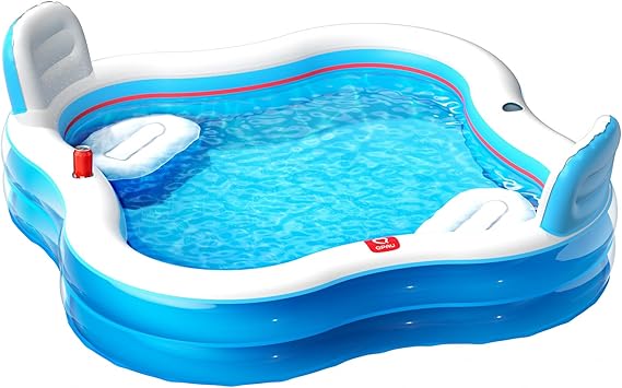 QPAU Inflatable Swimming Pool with 2 Seats and Backrests, 80" L x 80" W x 16.5" D Large Full-Sized Family Pools for Kids and Adults for Backyard, Garden, Outdoors, Clear Blue