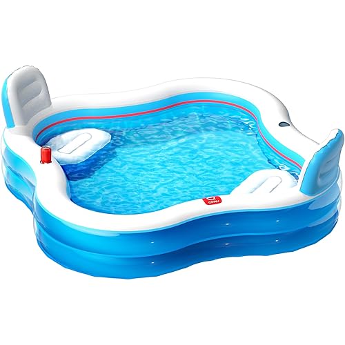 QPAU Inflatable Swimming Pool with 2 Seats and Backrests, 80" L x 80" W x 27" D Large Full-Sized Family Pools for Kids and Adults for Backyard, Garden, Outdoors, Clear Blue