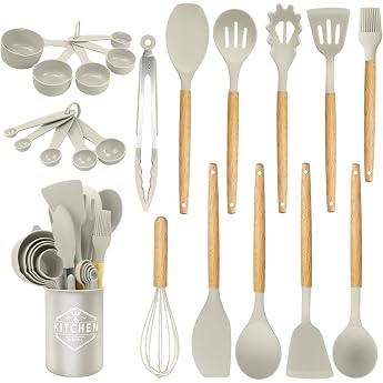 Silicone Kitchen Utensil Set 22-Piece Kitchen Utensils Heat Resistant Non-Stick Coating Heat Resistant Cookware with Utensil Holder with Wooden Handle for BPA-Free Utensils