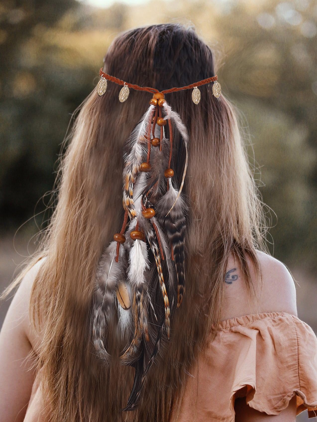 Fashband Indian Feather Headband Boho Coins Tassel Hippie Headdress Tribal Beads Festival Headpiece Hair Accessoriess for Women (A - Image 3