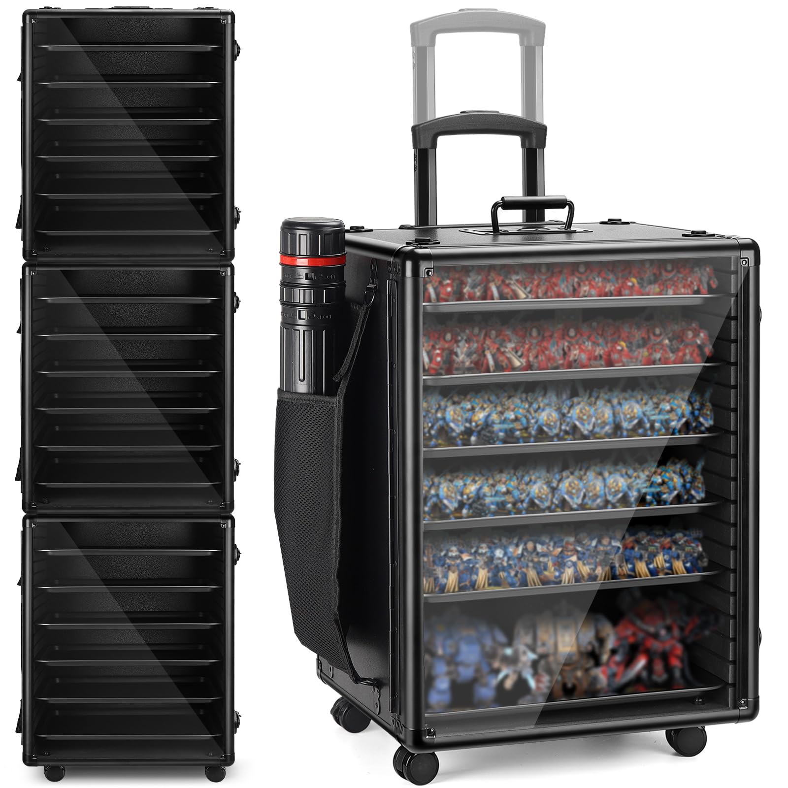 ONUEMP Miniature Carry Case Large, Stackable Magnetic Miniature Storage Case for War Miniatures with Pull Rod, 6 Metal Trays, Model Transport Display Cases With Wheels, Side Storage Bag, Black