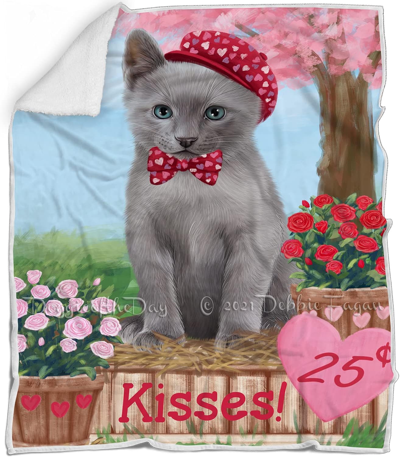 Rosie 25 Cent Kisses Russian Blue Cat Blanket - Lightweight Soft Cozy and Durable Bed Blanket - Animal Theme Fuzzy Blanket for Sofa Couch BLNKT61626 (50x60 Sherpa)