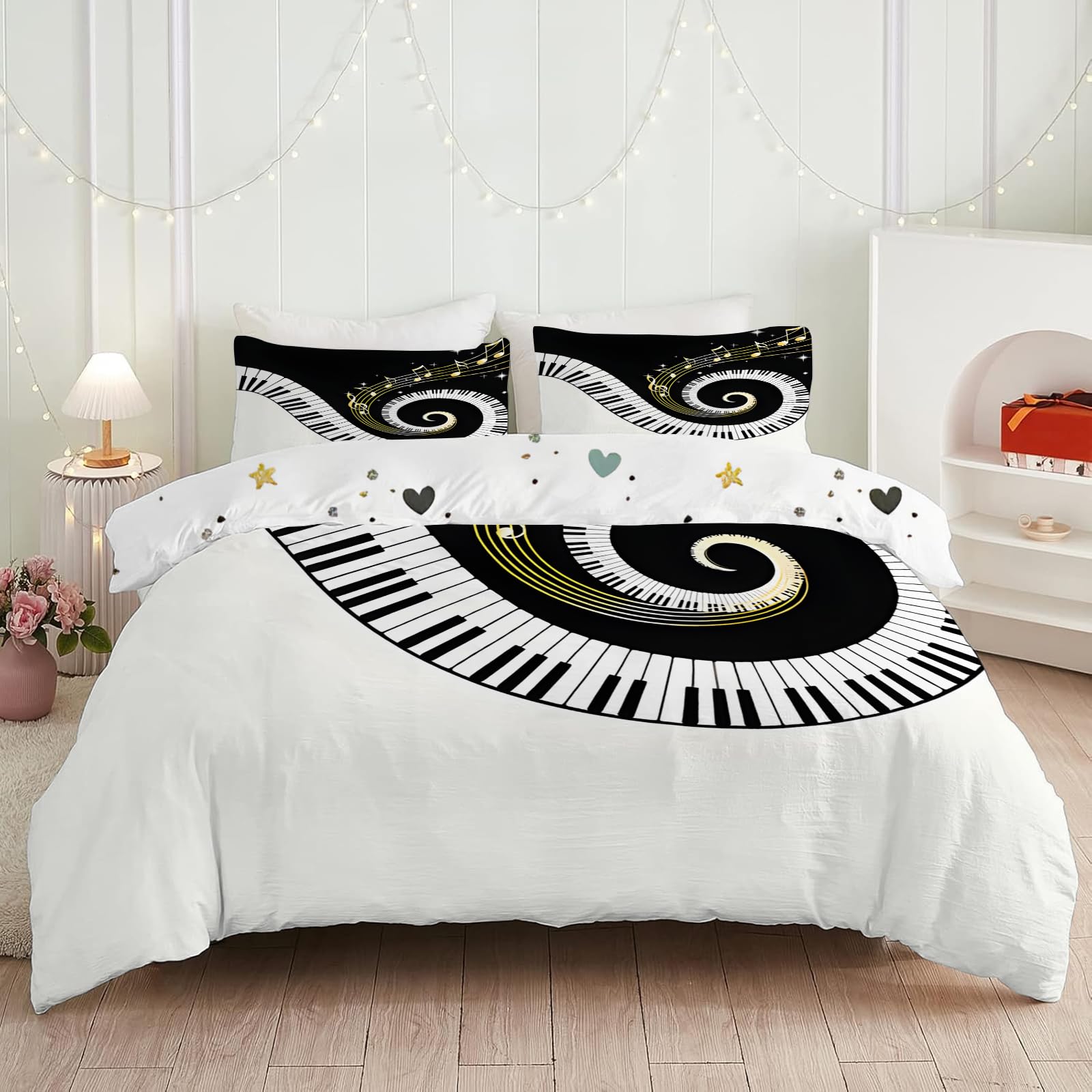 Housse de couette 220x240 2 personnes microfibres parure de lit piano notes musique etoiles