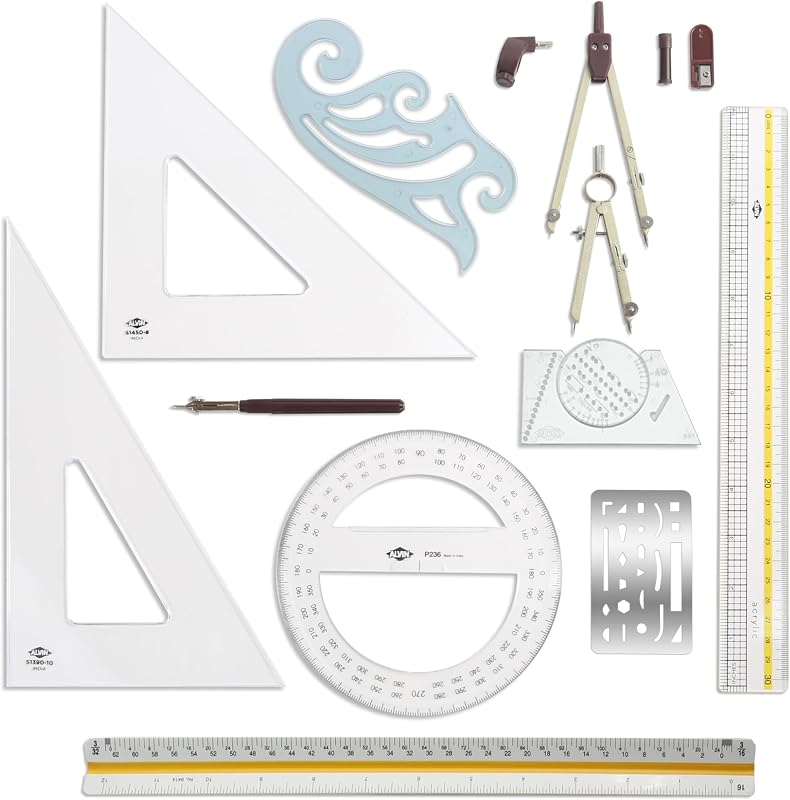 Kit de lanzamiento de dibujo, dibujo y diseño de la Academia ALVIN | 10 Piezas | Herramientas de clase para estudiantes de geometría, arquitectura e ingeniería | - Modelo DDKL1
