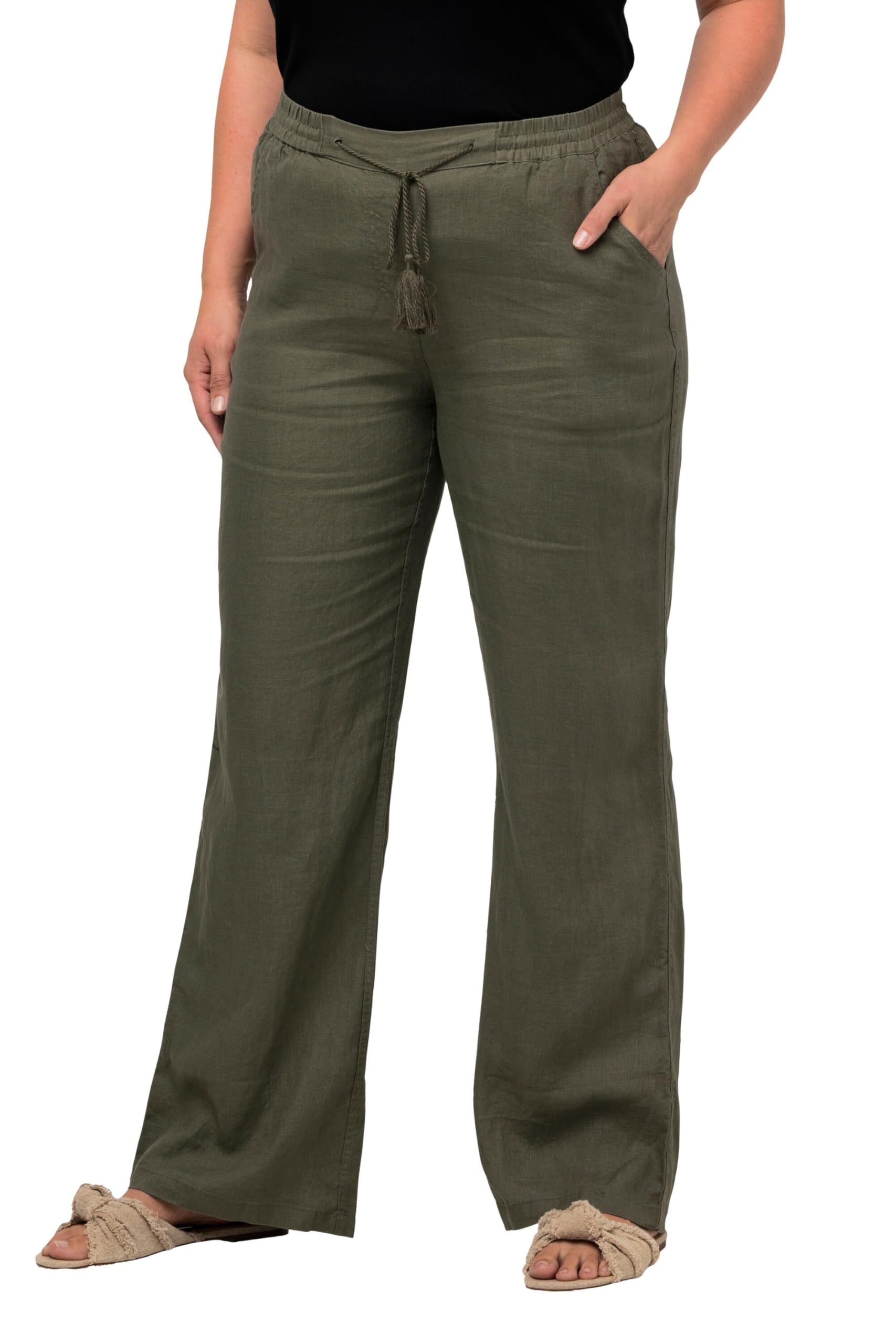 Ulla Popken Damen große Größen Übergrößen Plus Size Leinenhose Mary, Elastikbund, weites, gerades Bein 728590