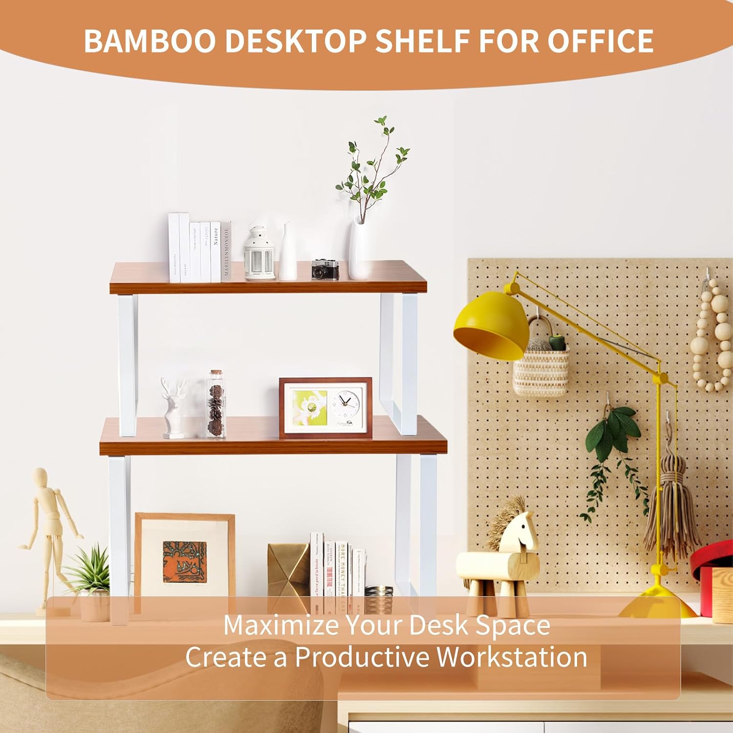 2 Pack Expandable Cabinet Shelf, Wood & Metal Warm Bamboo image 4