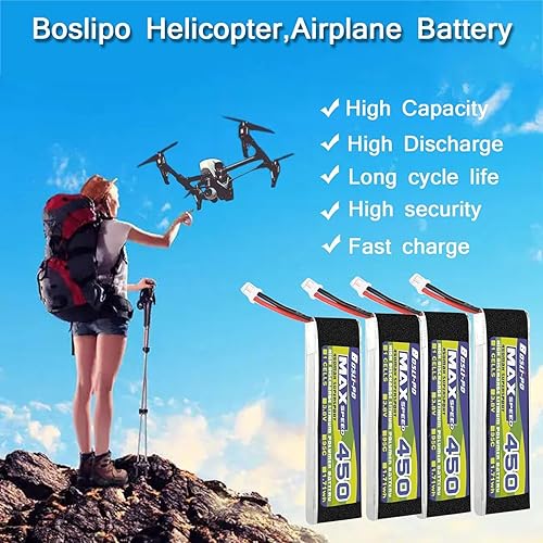 Miniatura 4 de Batería Lipo de 3.8 V 1S 450mAh 95C recargable de alto rendimiento con enchufe JST-PH2.0 para Emax Tiny Whoop Micro Quads FPV Racing Drone (4